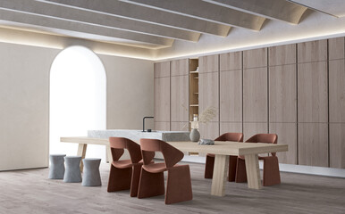 Modern Dining interior with dining table and chairs. 3D illustration
