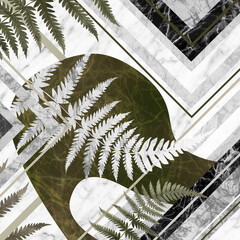 Wallpaper with a plant composition of leaves on a background of marble elements