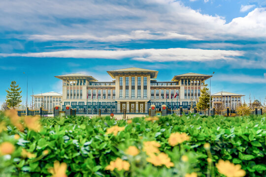 Presidential Office with blur yellow flower, Ankara, Turkey