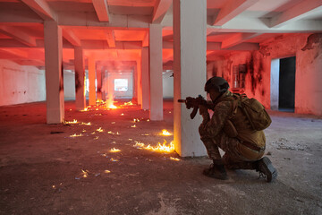  A group of professional soldiers bravely executes a dangerous rescue mission, surrounded by fire...