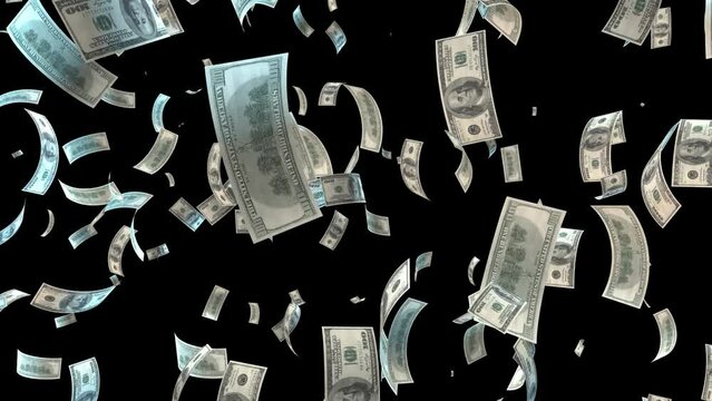 3D dollar animation, money notes are falling and forming rain effect, black background good for overlays with alpha matte blending, concept of throwing a substantial amount of paper money.