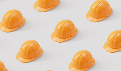 A collection of construction safety hard hats. isometric background. 3D Rendering