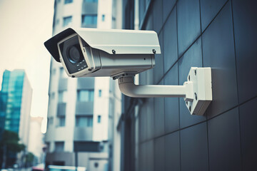 Security surveillance camera on wall, modern building. CCTV in city