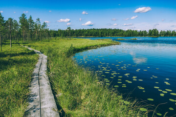 Beautiful summer landscape. Wooden trail among green grass and blue lake in Finland