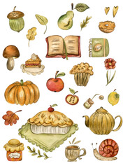 Autumn elements stickers. Cozy fall icons with pumpkin, apple, leaves, pie, pear, jam, mushrooms lemon.  Pumpkin cake and cute snail  watercolor set
