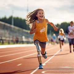 Zelfklevend Fotobehang smiling little girl with artificial leg running. Image generated by AI. © Галя Дорожинська