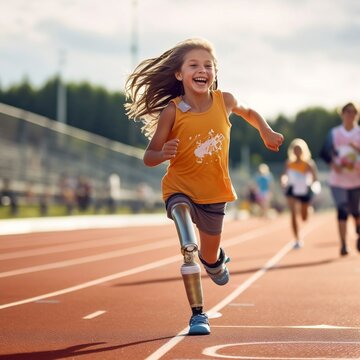 smiling little girl with artificial leg running. Image generated by AI.