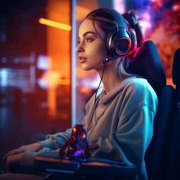 Beautiful Girl In Headphones Works In A Modern Office. Image Generated By AI.