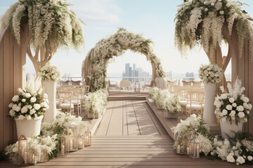 Fototapeta na wymiar Wedding venue with flower arch at at rooftop terrace with city view