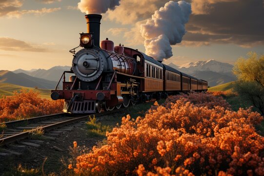 Whispering Wonders: A Breathtaking View of a Steam Engine Gracefully Making its Way Along a Tranquil Railway, Enveloped by Vibrant Meadows and Majestic Mountain Backdrop Generative AI