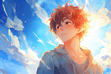 Anime-style illustration of a young man, blue sky background. Generative AI - obrazy, fototapety, plakaty