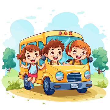 AI generated image, vector illustration. Group of smiling children on a yellow school bus. trees and plants in the background.
