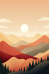 Fototapeta na wymiar Mountain, hills, sun, moon landscape, Paper cut style, Flat abstract design illustration