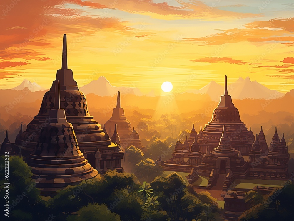 Wall mural Indonesian borobudur temple landscape on sunset, water color art style. Generative ai