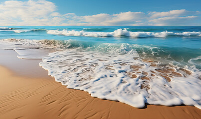 Beautiful sea turquoise waves with foam running on the sandy shore.