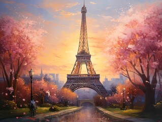 eiffel tower at sunset landscape on water color art style. Generative ai