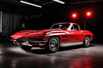 Fototapeta na wymiar Red Sports Classic Car Parked in Garage - Dramatic Lighting