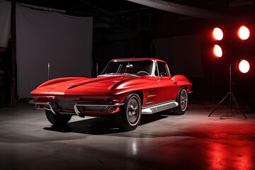 Obraz na płótnie Canvas Red Classic Car Parked in Garage - Dramatic Studio Lighting