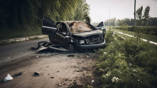 Abandoned car on the road. Conceptual image of accident. Generative AI