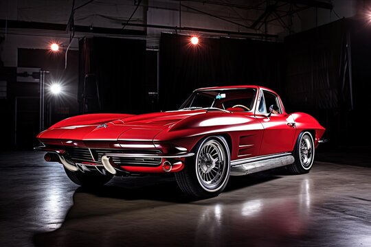 Red Sports Classic Car in Garage - Night Shot