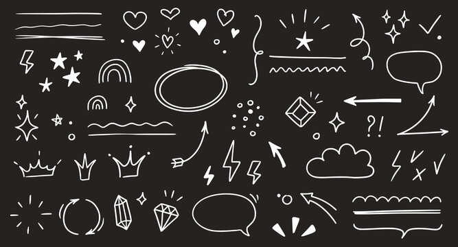 Sketch line arrow element, star, heart shape on chalkboard background. Hand drawn doodle sketch style circle, cloud speech bubble grunge element. Arrow, star, heart decoration. Vector illustration