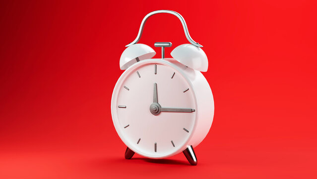 3D render white clock with alarm clock on red background