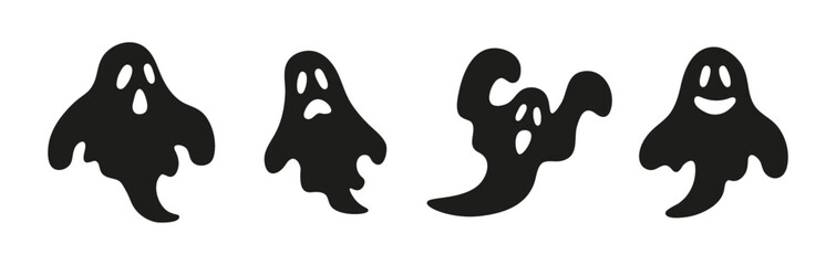 Set of black ghosts for Halloween. Vector and PNG on transparent background