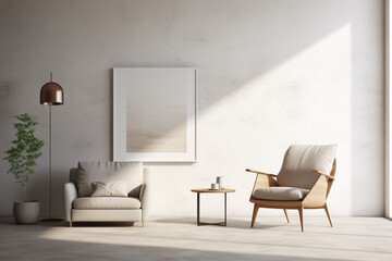 Minimalist light color interior with a grey armchair and lamp. AI generated