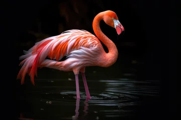 Fototapeten Close-up of pink flamingo bird with pink feathers on black background with copy space. Natural beautiful wallpaper with unusual bird. Generative AI professional photo imitation. © SnowElf