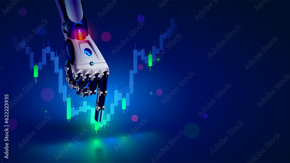 Poster AI helps trader to analyze data on the securities trading stock exchange market. AI chatbot trade on forex. Robot for automation trade on fund stock market. Robot hand points financial business chart