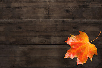 empty mock up orange autumn leaves on old rustic wooden table, bulletin board, blackboard, retro...