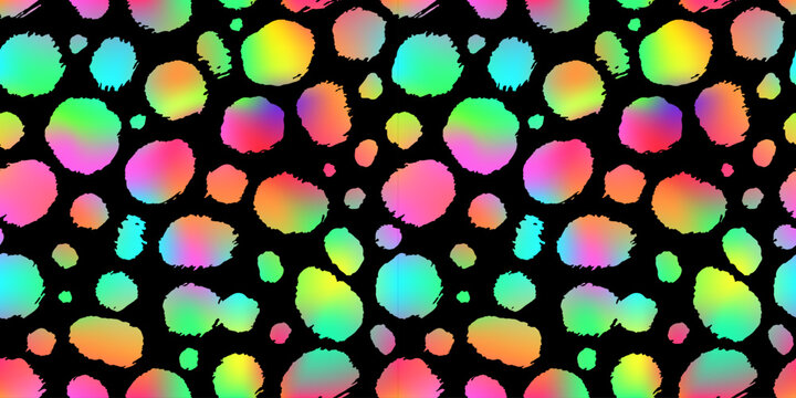 Trendy Neon Cheetah pattern horizontal background. Vector rainbow wild animal leopard skin, gradient leo texture with neon spots on black background for fashion print design, wallpaper, backgrounds
