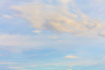 Panoramic view of clear blue sky and clouds, Blue sky background with tiny clouds. White and pearl fluffy clouds in the blue sky at sunrise. Atmosphere background or wallpaper
