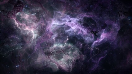 Distant galaxy star cluster in alien deep space. Science fiction concept 3d illustration of mystery interstellar gas nebula and ethereal magic glowing celestial bodies. Astronomy and cosmos wide shot. - obrazy, fototapety, plakaty