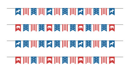 Bunting garland set with elephant, donkey and USA flag for election. Vector and PNG on transparent background.