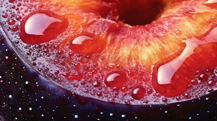 Generative AI, bright slice of juicy ripe plum and water drops, macro of summer fruit - obrazy, fototapety, plakaty