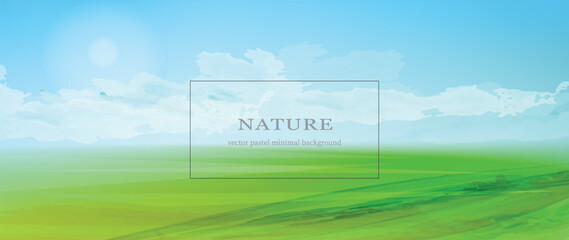 Ukrainian nature landscape. Wheat fields panoramic view clouds in the horison. Summer day landscape, fresh green grass. Watercolor textured vector background. 