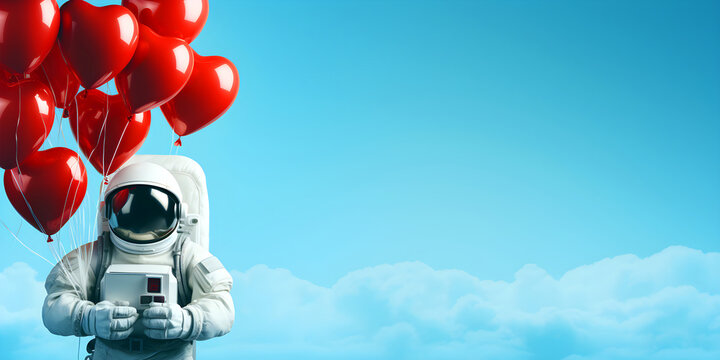 Astronaut with heart shaped balloons on a blue background of sky and clouds, holiday banner with blank space for text, space man congratulates, copy space, generated ai