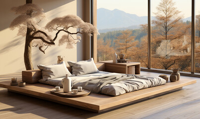 Wooden Japanese platform bed with bedside