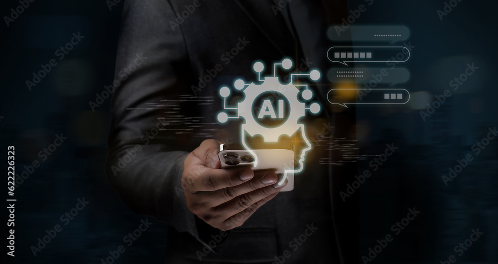 Poster businessman using chatbot chat gpt chat with ai artificial in smartphone intelligence ai future chat