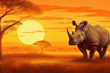 Rhinoceros african savanna sunset. Generate Ai - obrazy, fototapety, plakaty