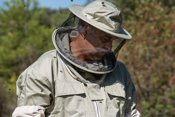 portrait of a man in his fifties in profile wearing a beekeeping protective suit, the bee business...