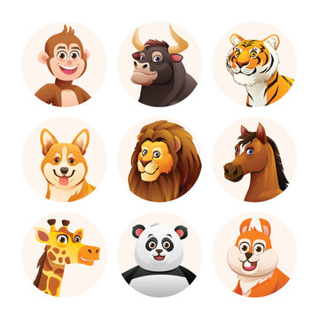 Animal avatar characters collection. Cute animal faces in cartoon style