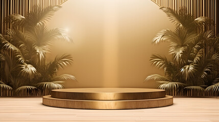 Gold Podium Stand Against Nature Rock Palm Scene Background