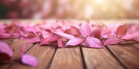 Wooden floor and blurred pink flower background copy space. AI Generated,