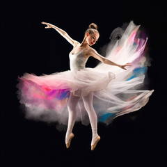 a ballerina in a flying light dress is dancing on a black background, generated by AI