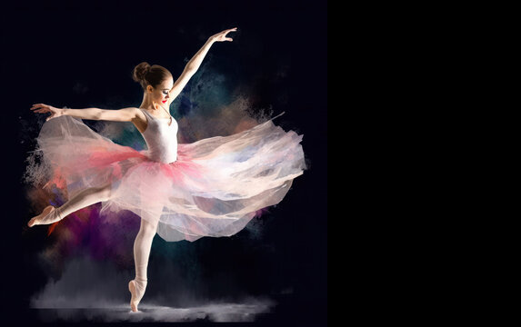 Fototapeta a ballerina in a flying light dress is dancing on a black background, generated by AI
