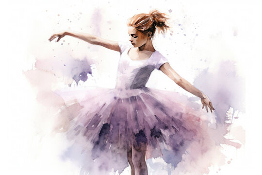 watercolor drawing, a ballerina in a lilac dress is dancing on a light background, generated by AI