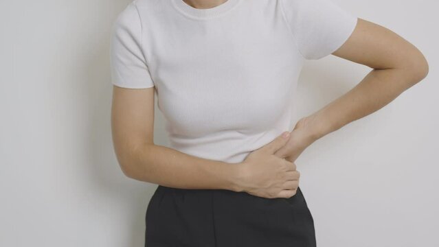 Woman having back pain. Urinary system and Stones, Cancer, world kidney day, Chronic kidney stomach, liver pain and pancreas concept