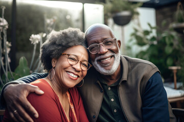 Fototapeta premium Front view close up of senior African American couple in the garden, sitting on a bench, embracing and smiling. AI Generative
